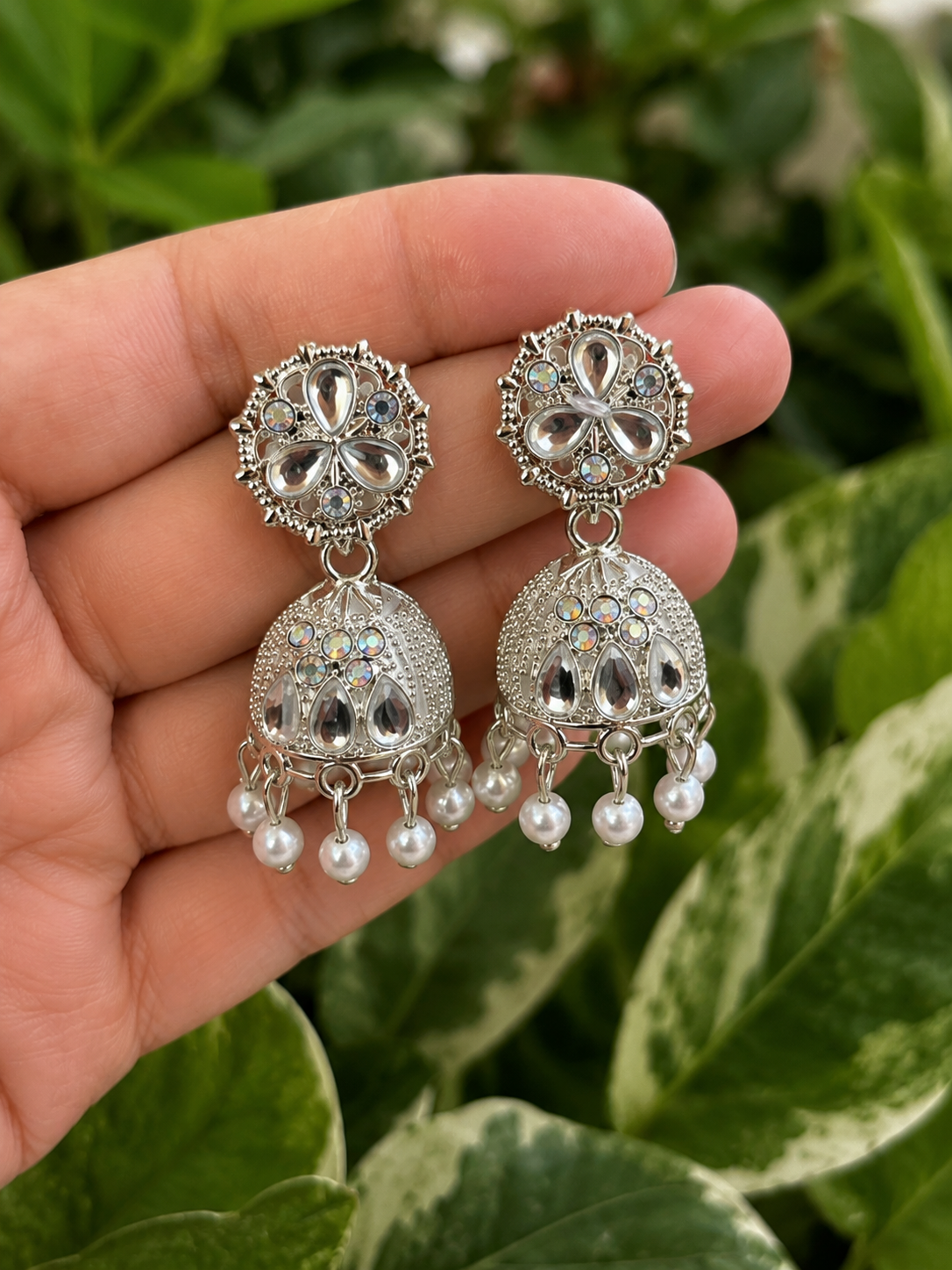 Aesthetic Silver Jhumka Earrings for Women | Korean Style Pearl Drop Party Earrings