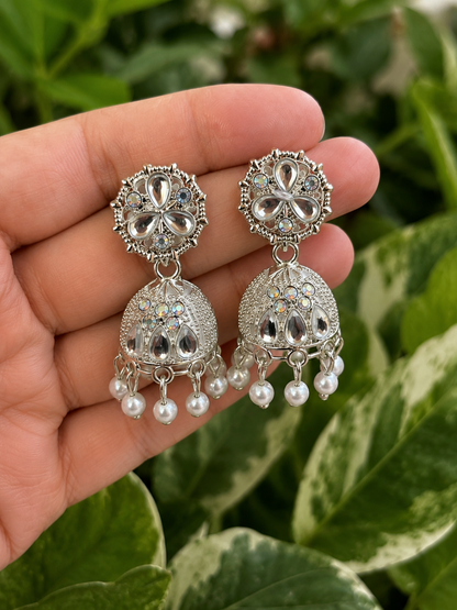 Aesthetic Silver Jhumka Earrings for Women | Korean Style Pearl Drop Party Earrings