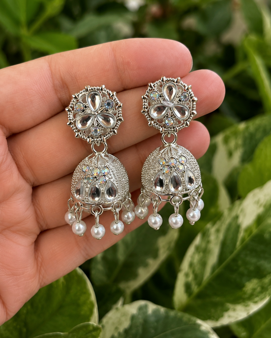 Aesthetic Silver Jhumka Earrings for Women | Korean Style Pearl Drop Party Earrings