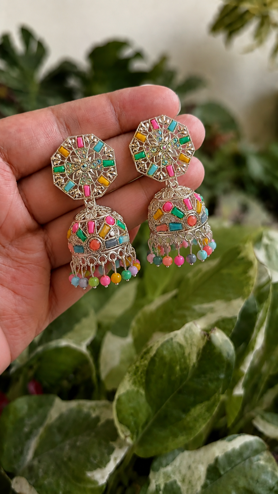 Multicolor Mosaic Jhumka Earrings with Pastel Bead Drops for Women and Girls