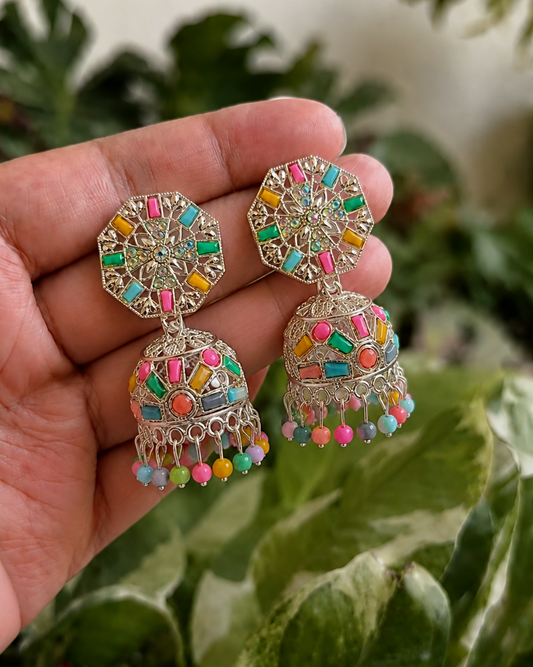 Multicolor Mosaic Jhumka Earrings with Pastel Bead Drops for Women and Girls