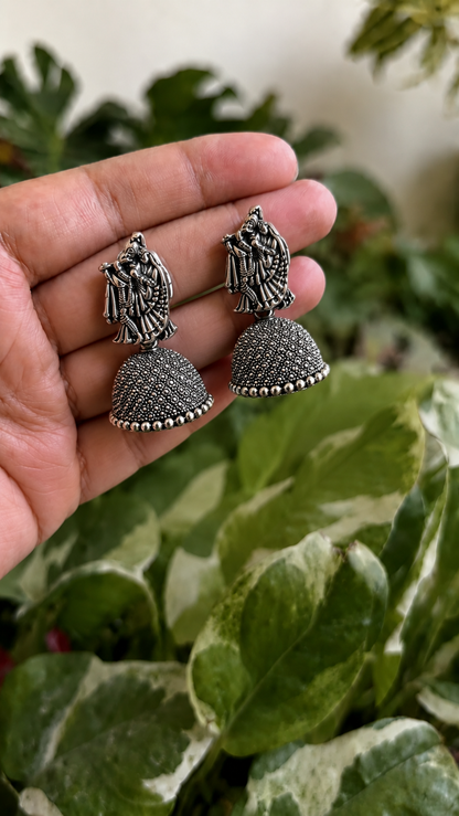 Oxidised Radha Krishna Jhumka Earrings for Women | Traditional Silver Look Earrings