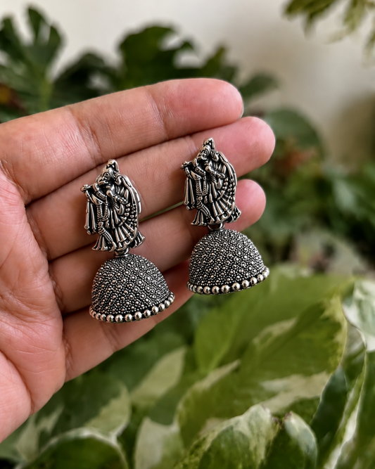 Oxidised Radha Krishna Jhumka Earrings for Women | Traditional Silver Look Earrings