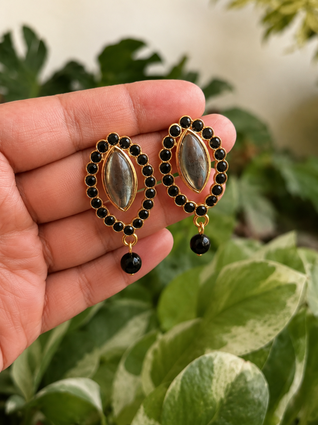 Black Onyx Look Oval Statement Earrings with Pearl Drop for Women