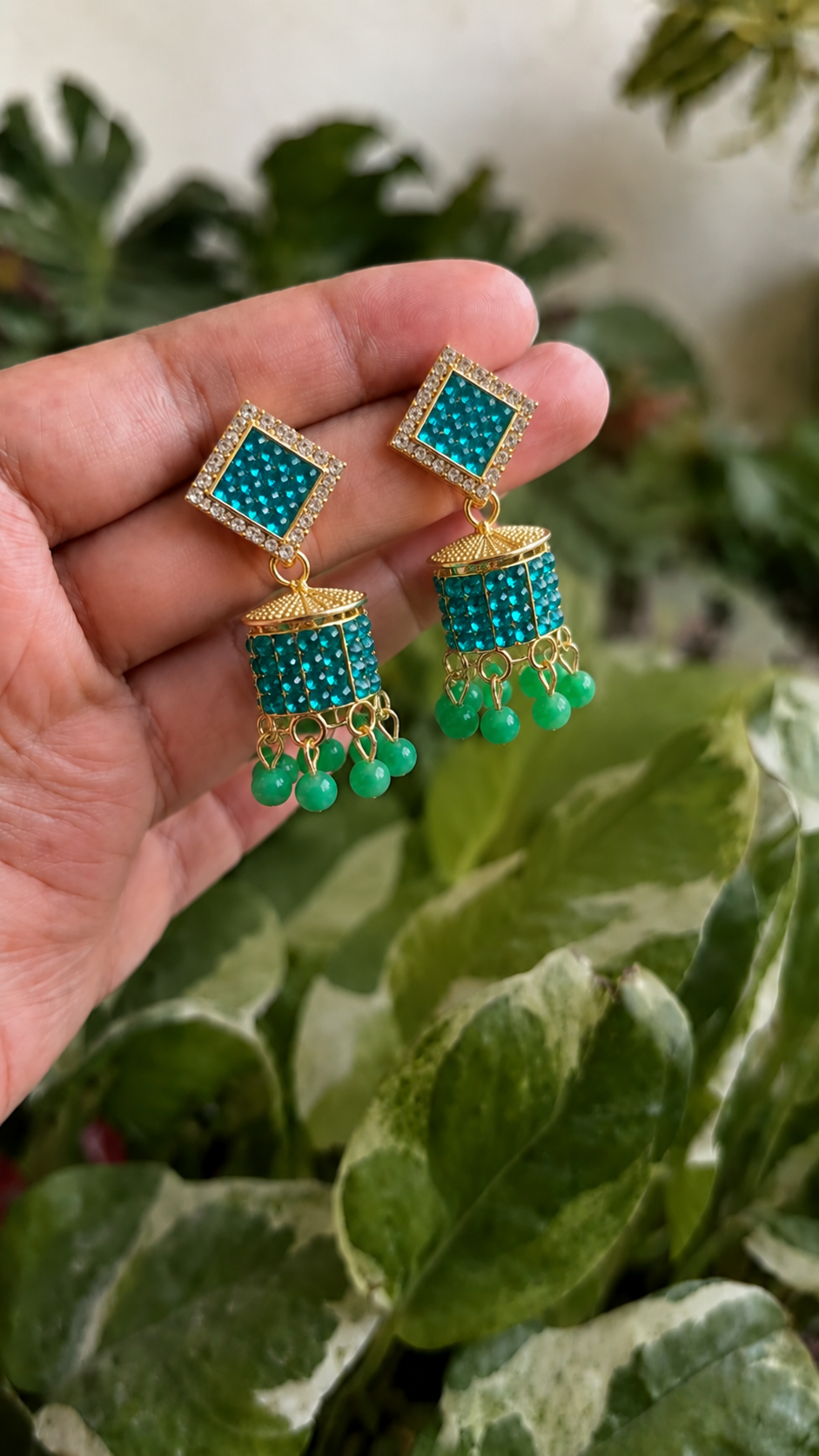 Aqua Blue Square Jhumka Earrings for Women | Stylish Stone Drop Earrings