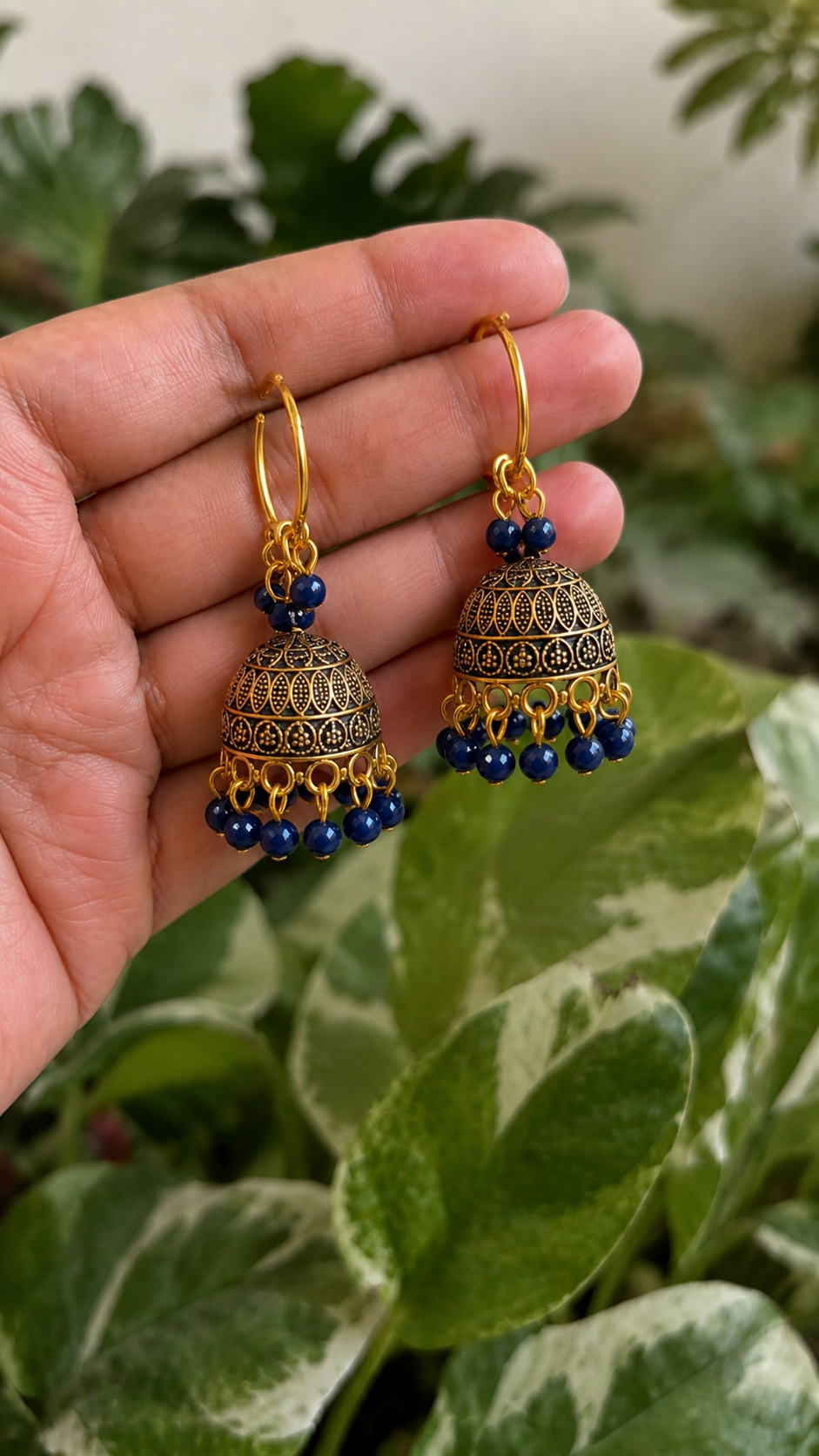 Blue Bead Hoop Jhumka Earrings for Women | Black Golden Traditional Earrings