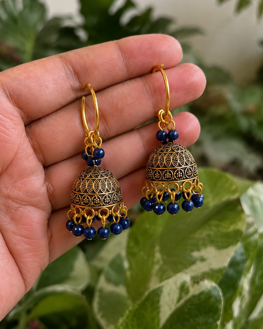 Blue Bead Hoop Jhumka Earrings for Women | Black Golden Traditional Earrings