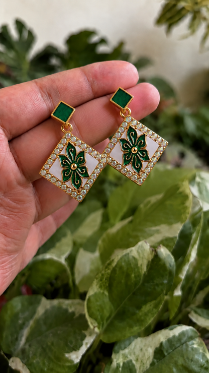 Emerald Green Floral Diamond Drop Earrings for Women | Gold-Plated Party Wear Earrings