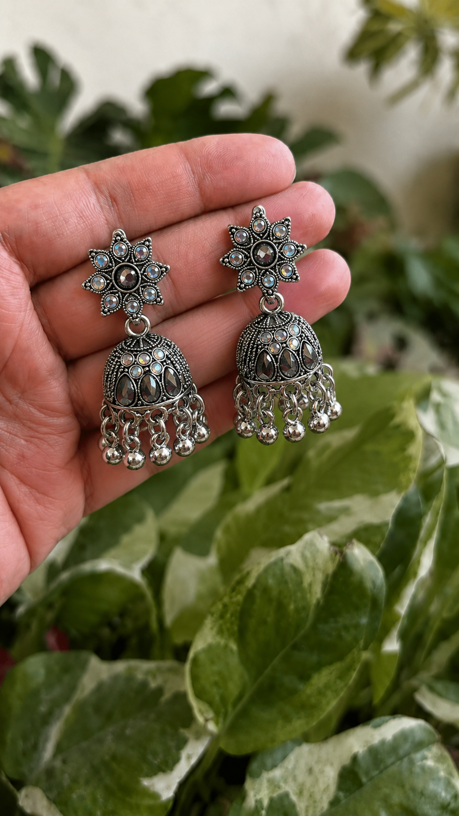 Oxidised Silver Star Jhumka Earrings for Women | Traditional Stone Earrings