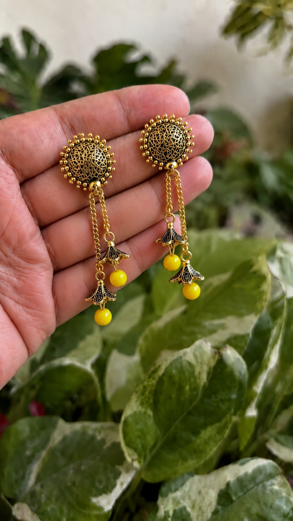 Golden Yellow Bead Chain Jhumka Earrings for Women | Traditional Long Dangler Jhumkas
