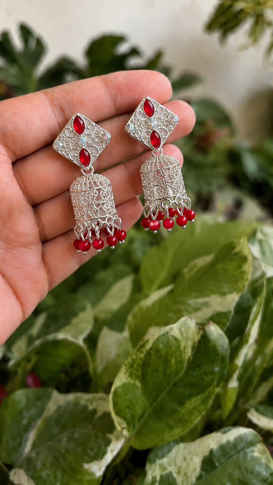 Red Stone Silver Jhumka Earrings for Women | Traditional Ethnic Drop Earrings