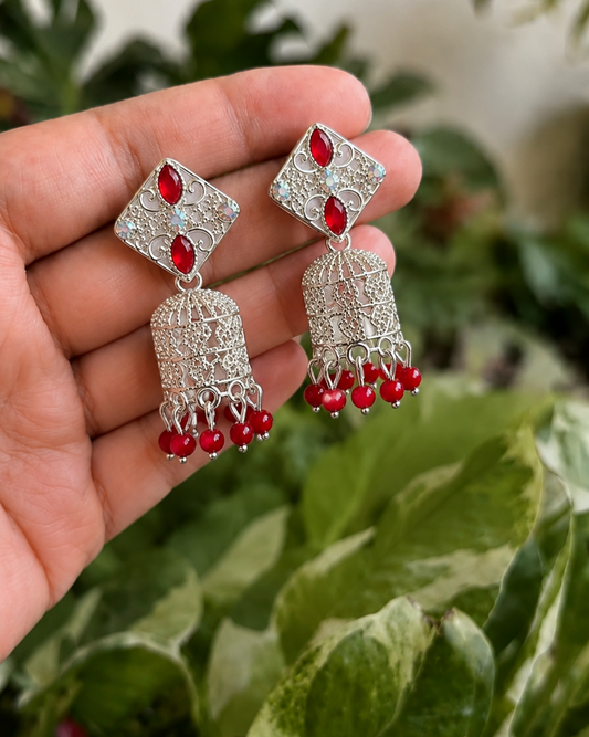 Red Stone Silver Jhumka Earrings for Women | Traditional Ethnic Drop Earrings