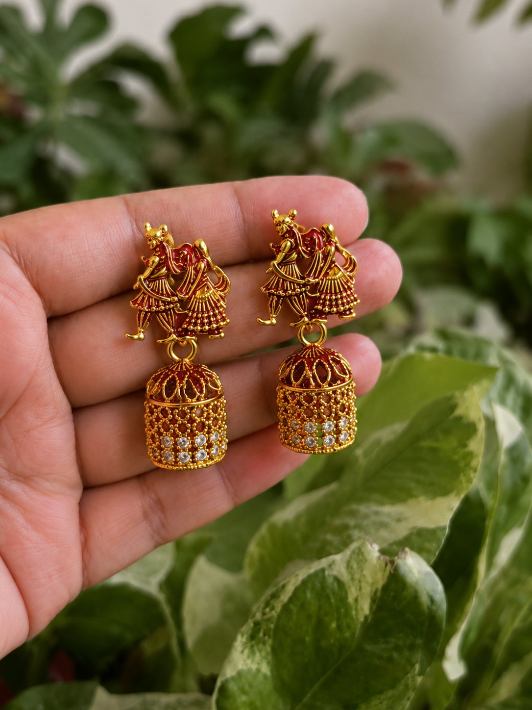 Radha Krishna Red Golden Traditional Jhumka Earrings for Women and Girls