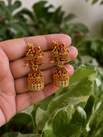 Radha Krishna Red Golden Traditional Jhumka Earrings for Women and Girls