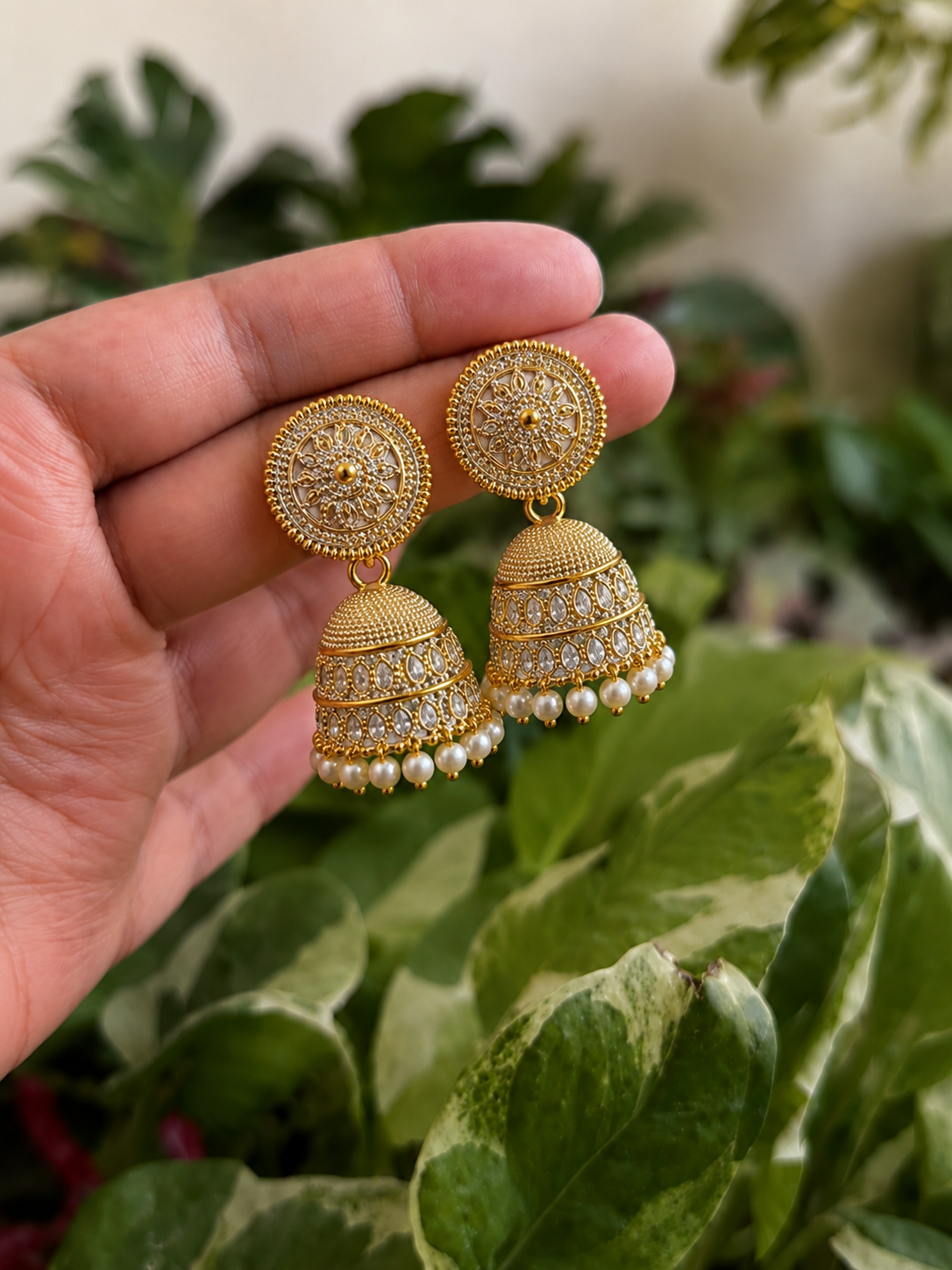 Golden Round Jhumka Earrings for Women | Traditional Pearl Look Earrings