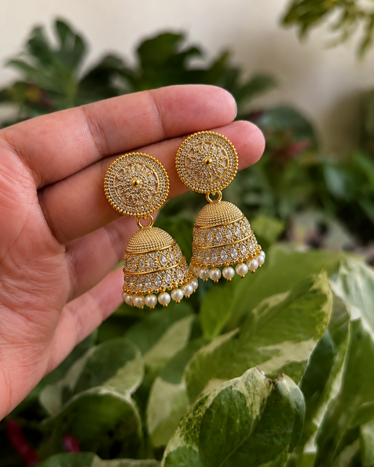Golden Round Jhumka Earrings for Women | Traditional Pearl Look Earrings