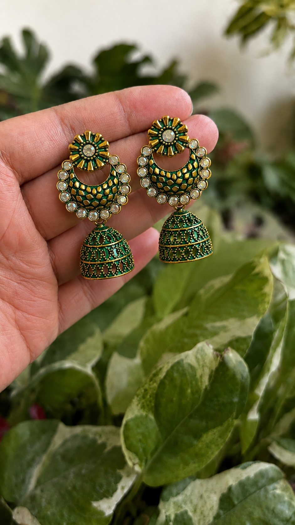 Green Golden Chandbali Jhumka Earrings for Women and Girls