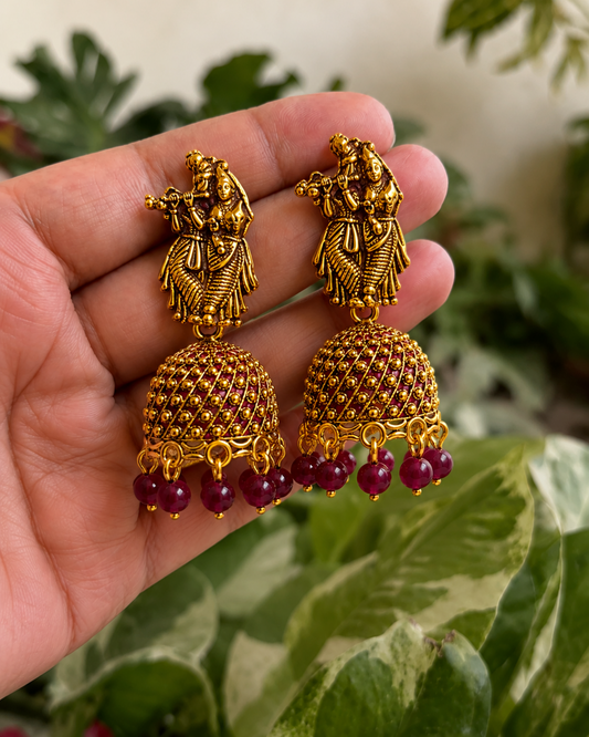 Radha Krishna Maroon Bead Jhumka Earrings for Women