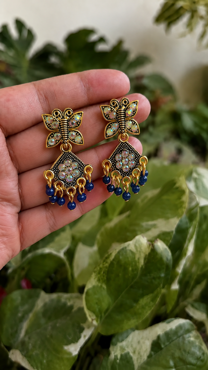 Blue Butterfly Charm Earrings with Bead Hangings for Women and Girls