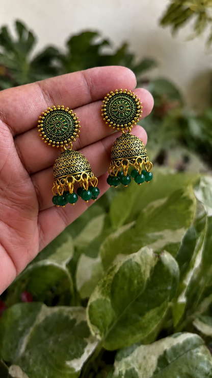 Green Bead Golden Traditional Jhumka Earrings for Women and Girls