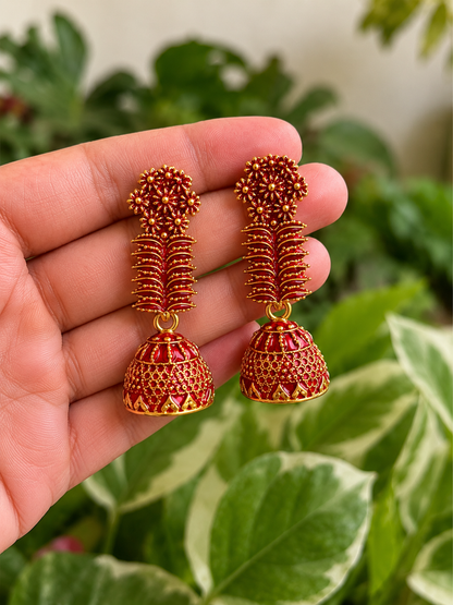 Red Golden Floral Traditional Jhumka Earrings for Women and Girls