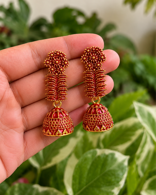 Red Golden Floral Traditional Jhumka Earrings for Women and Girls