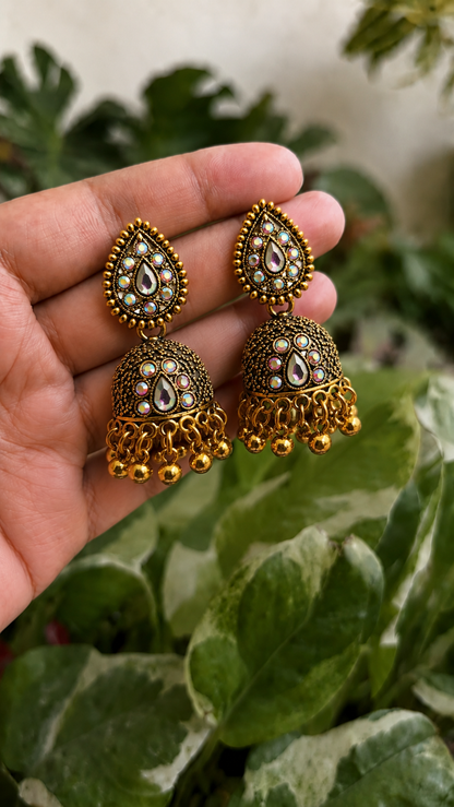 Antique Golden Jhumka Earrings for Women | Traditional Stone Jhumkas