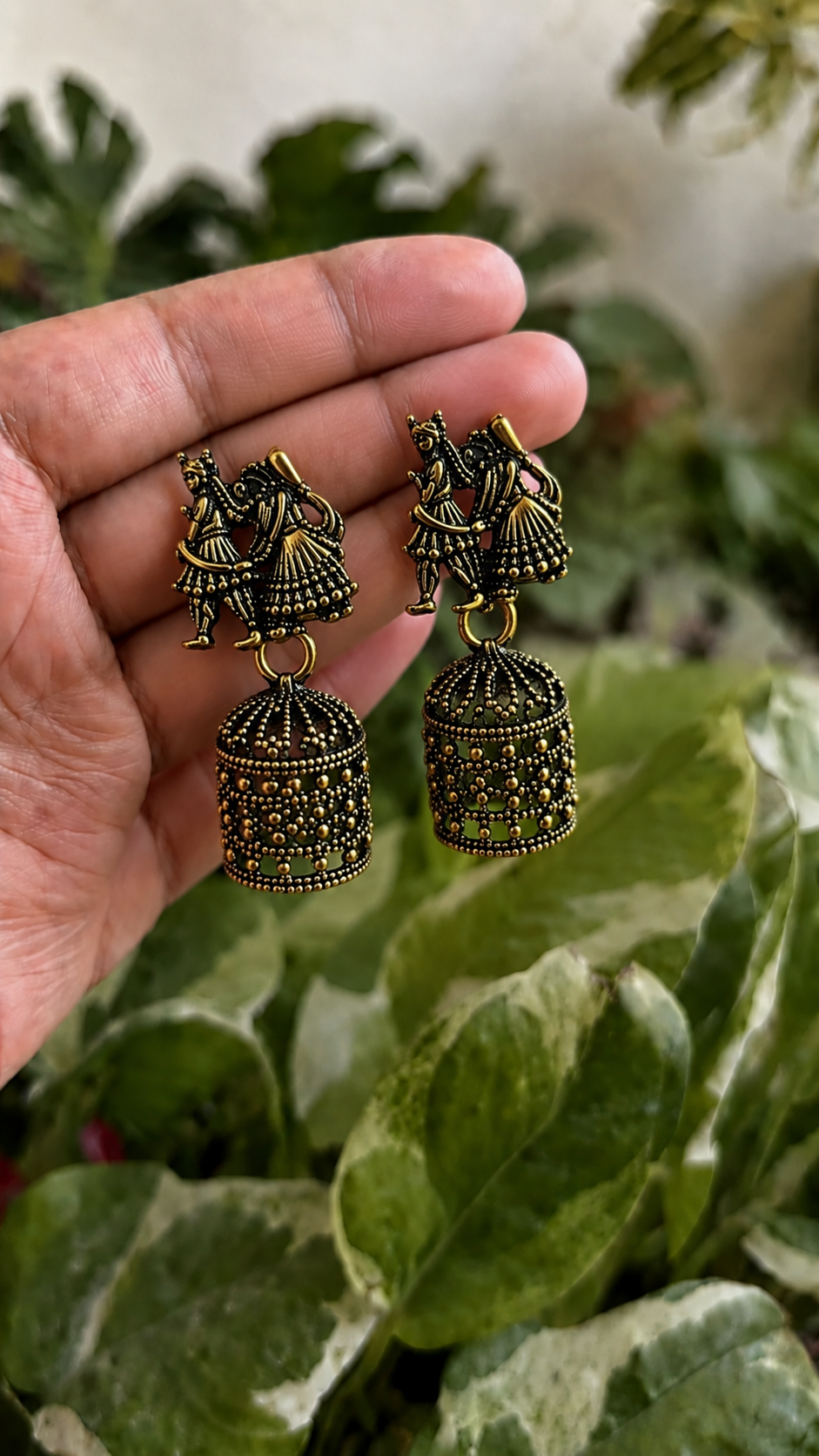 Oxidised Radha Krishna Jhumka Earrings for Women | Traditional Black Golden Earrings