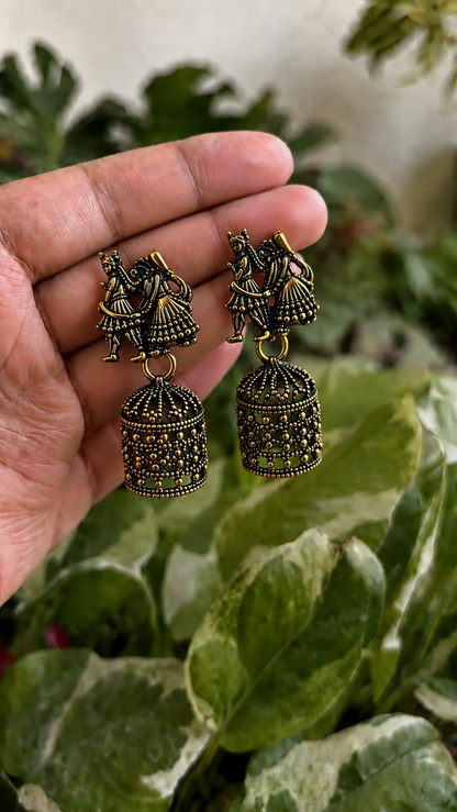 Oxidised Radha Krishna Jhumka Earrings for Women | Traditional Black Golden Earrings
