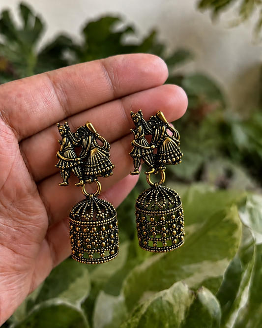 Oxidised Radha Krishna Jhumka Earrings for Women | Traditional Black Golden Earrings