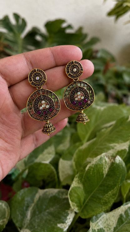Golden Round Mirror Work Traditional Dangler Earrings for Women and Girls