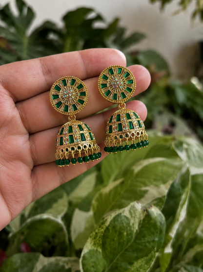 Green Golden Stone Work Traditional Jhumka Earrings for Women and Girls