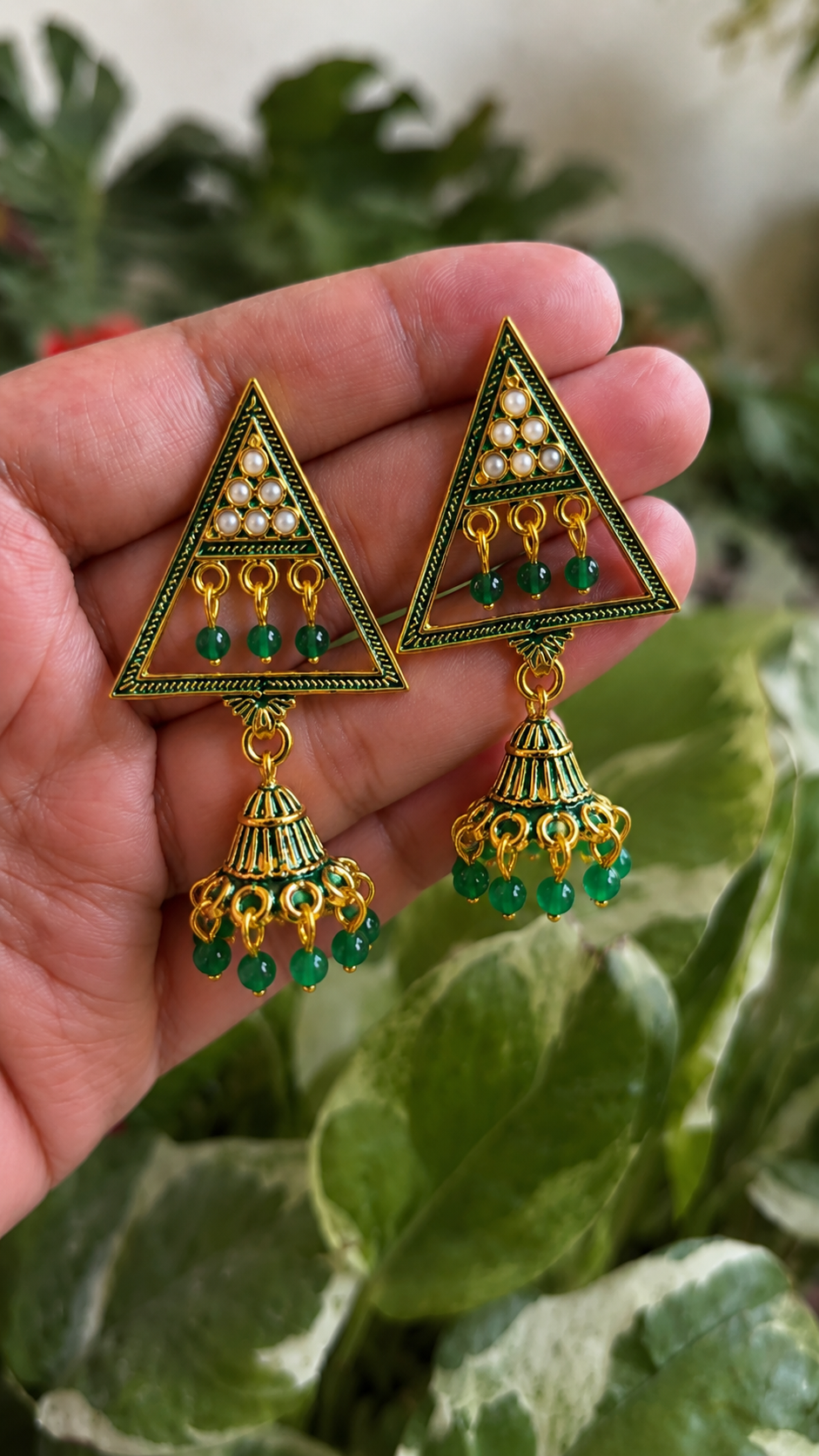 Trendy Green Triangle Jhumka Earrings for Women | Aesthetic Korean Style Ethnic Earrings