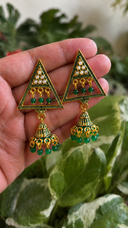 Trendy Green Triangle Jhumka Earrings for Women | Aesthetic Korean Style Ethnic Earrings