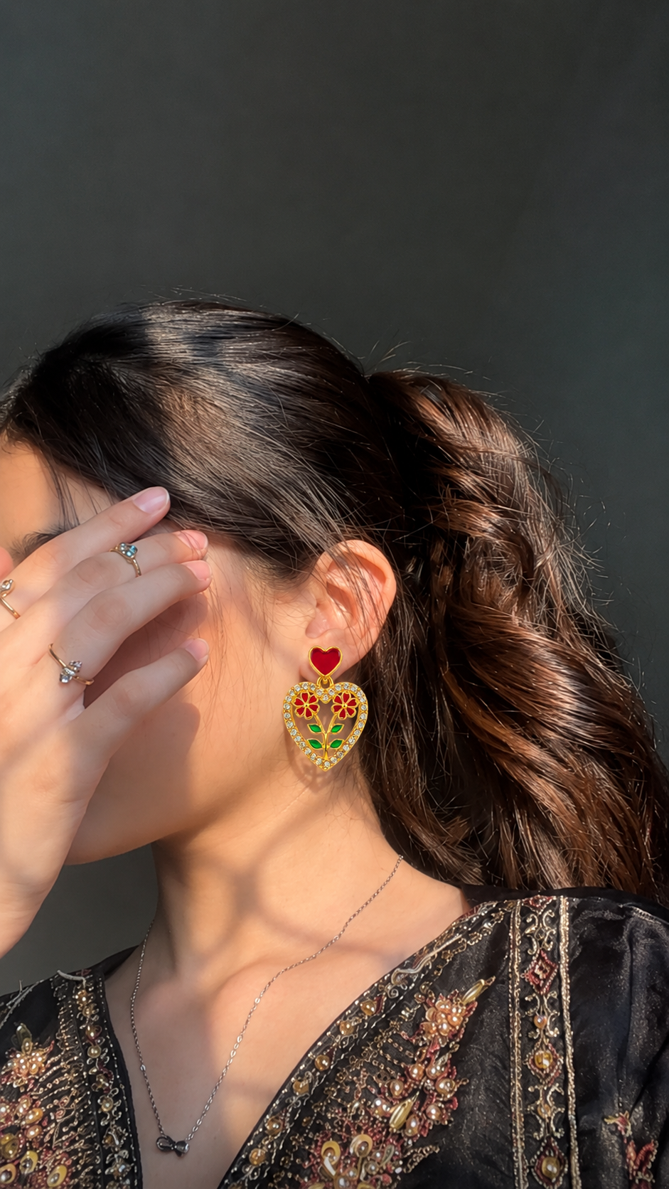 Ruby Heart Floral Crystal Earrings