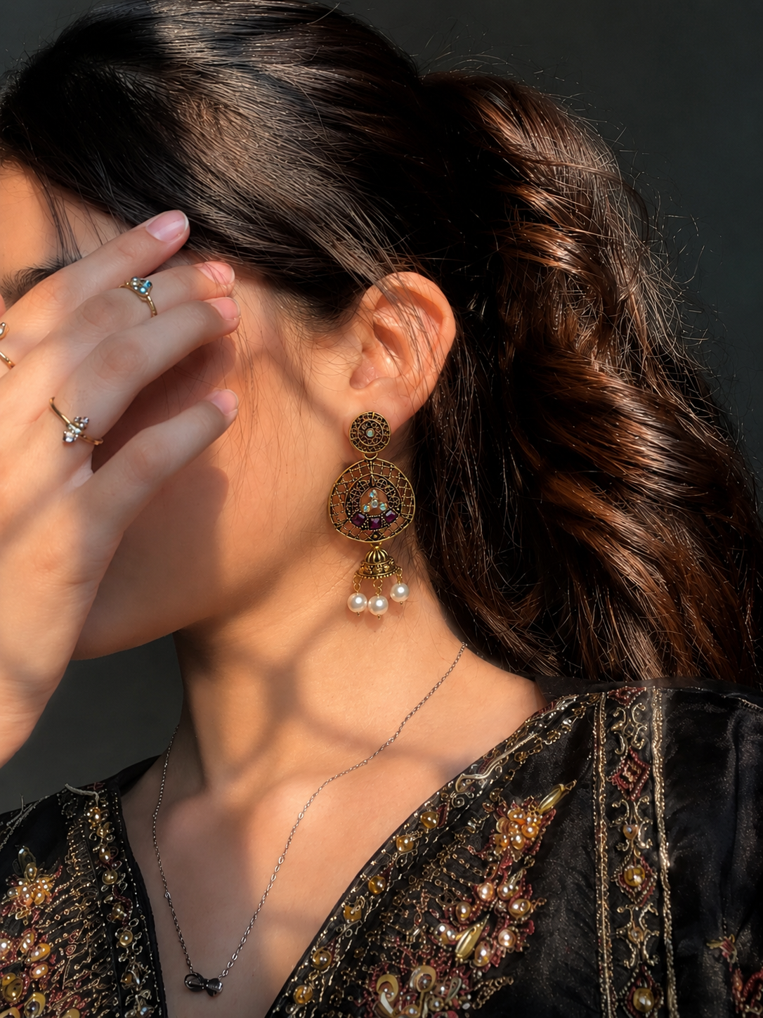 Golden Round Mirror Work Traditional Dangler Earrings for Women and Girls