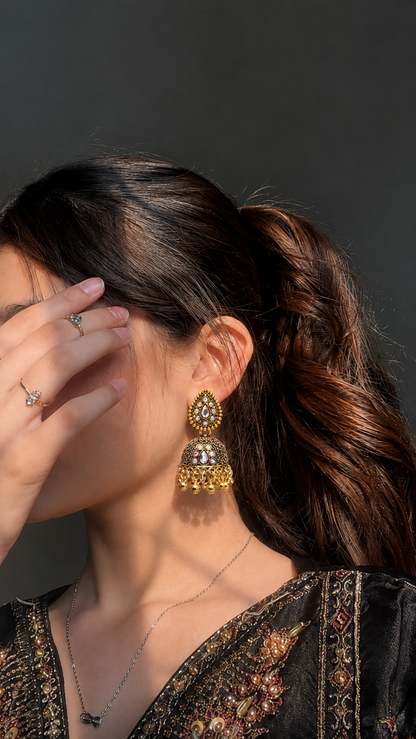 Antique Golden Jhumka Earrings for Women | Traditional Stone Jhumkas