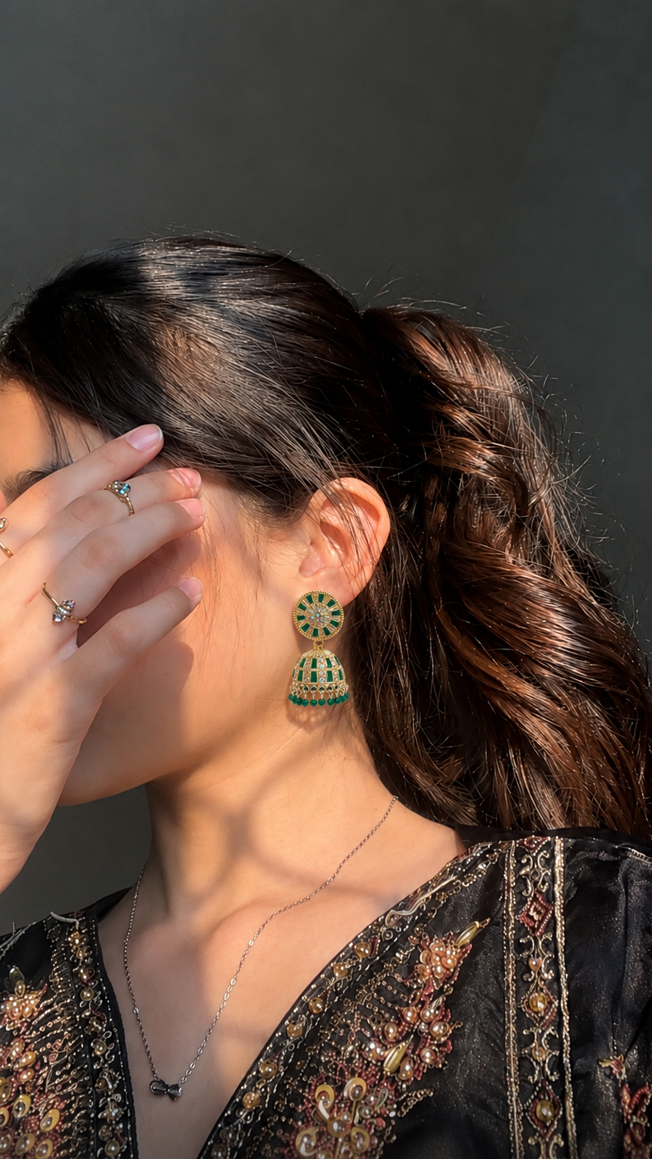 Green Golden Stone Work Traditional Jhumka Earrings for Women and Girls