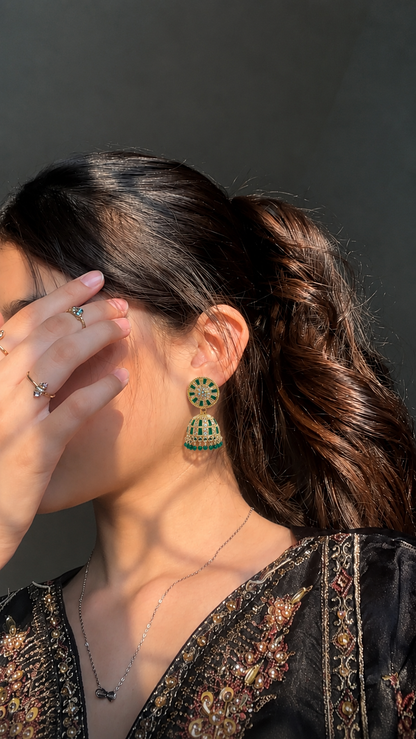 Green Golden Stone Work Traditional Jhumka Earrings for Women and Girls