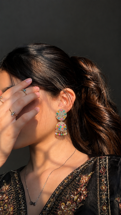 Multicolor Mosaic Jhumka Earrings with Pastel Bead Drops for Women and Girls