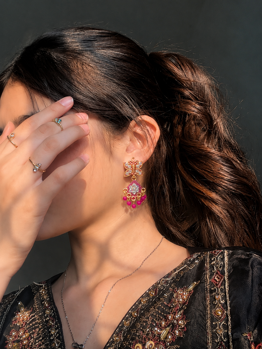 Butterfly Pink Drop Earrings for Women | Traditional Bead Earrings