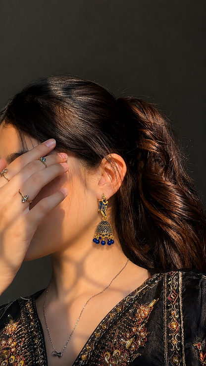 Blue Krishna Design Jhumka Earrings with Bead Drops for Women and Girls