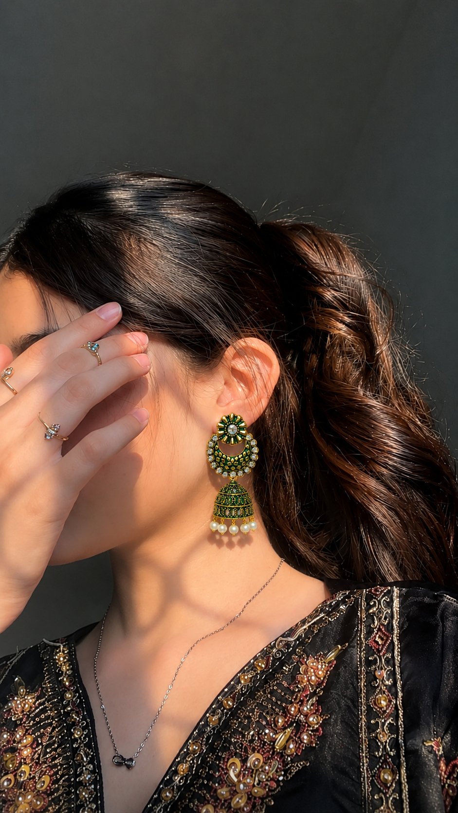 Green Golden Chandbali Jhumka Earrings for Women and Girls