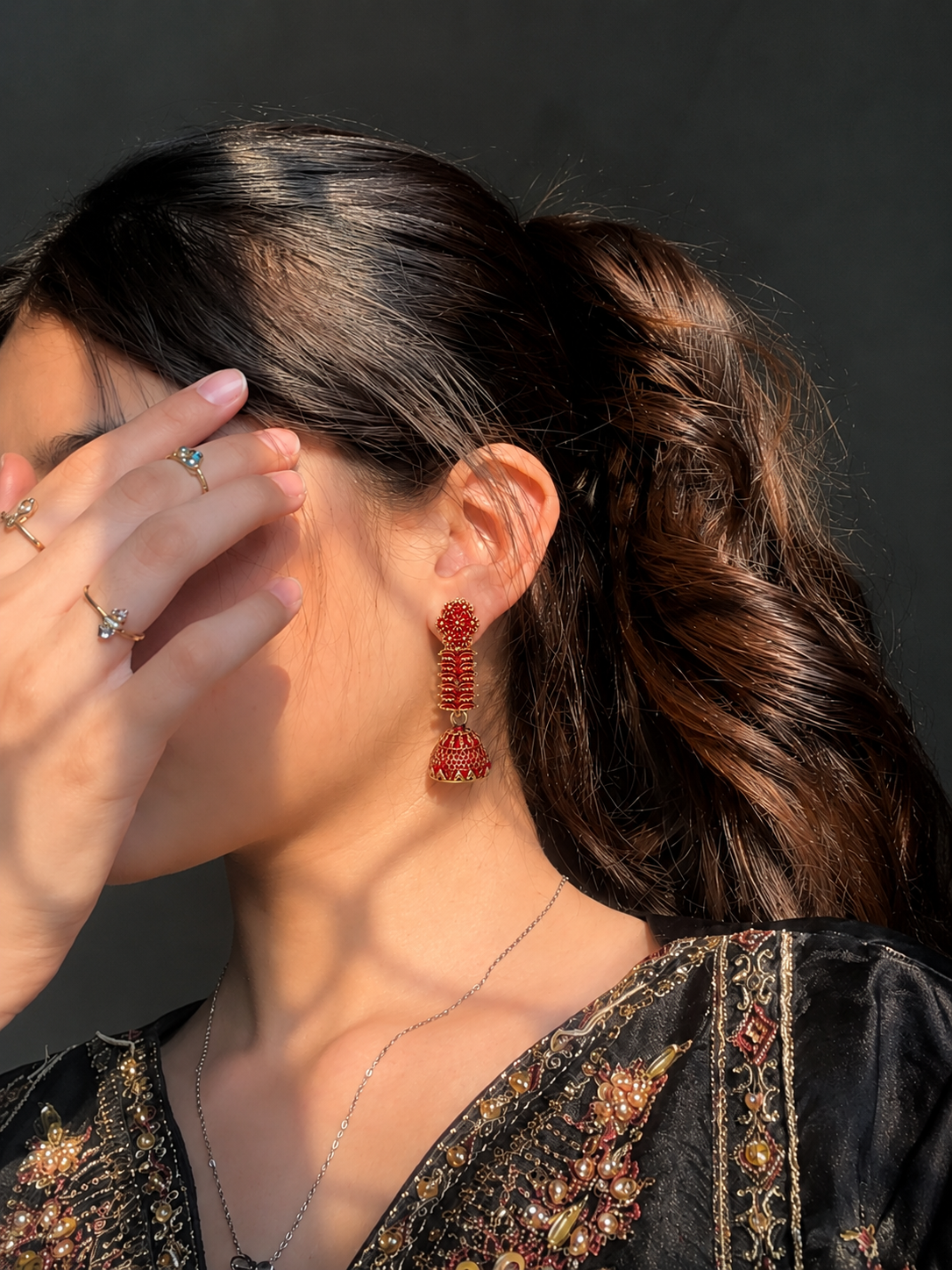 Red Golden Floral Traditional Jhumka Earrings for Women and Girls