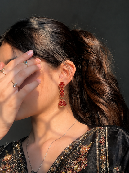 Red Golden Floral Traditional Jhumka Earrings for Women and Girls